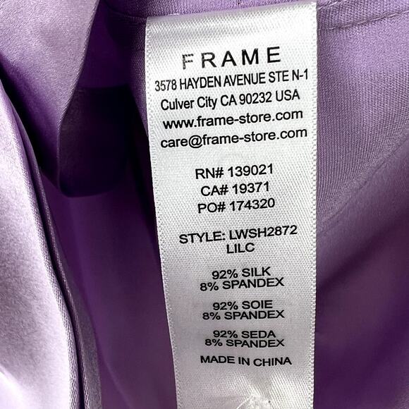 FRAME Gillian Top Silk Lilac Purple Button Front Ruched Puff Sleeve MEDIUM Satin - Picture 5 of 7